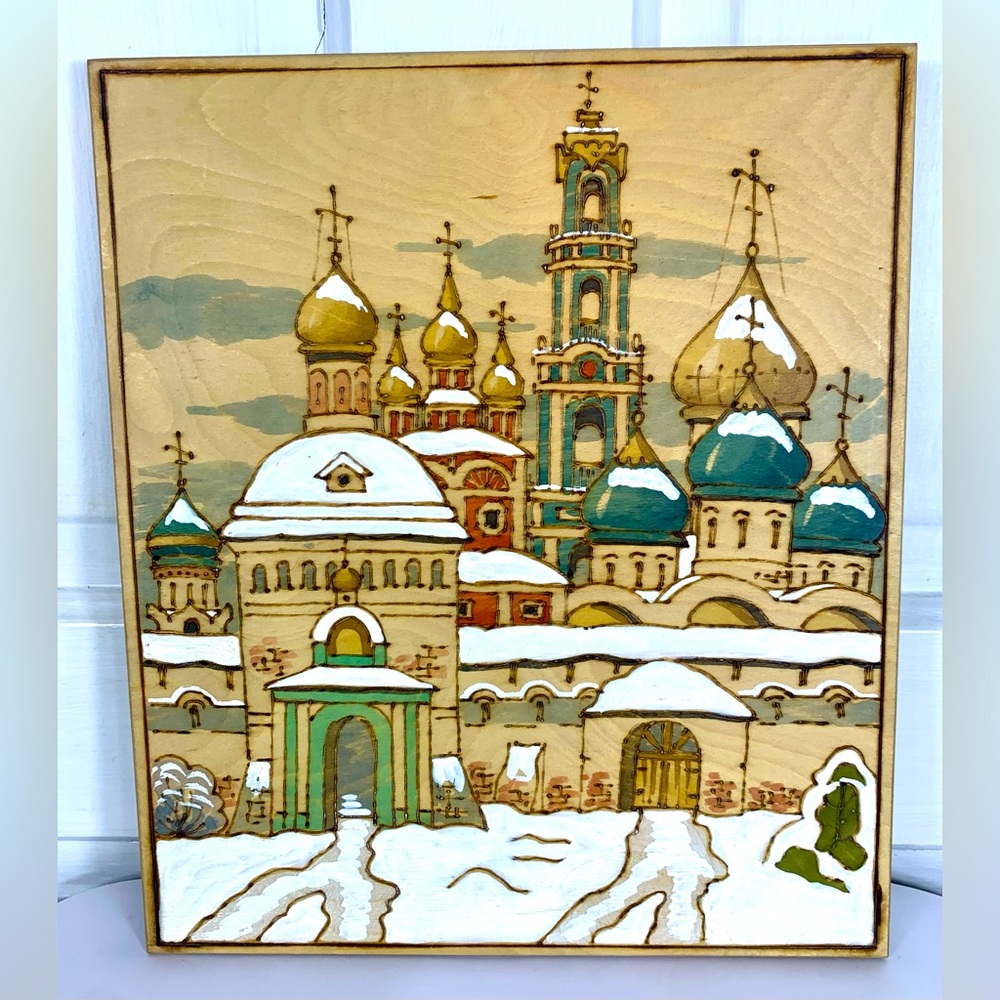 Russian Pyrography Art -  Trinity Lavra of St. Sergius Monastery - Vintage